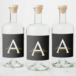 黒の金ゴールドモダンスクリプガーリートのモノグラム名 リキュールボトルラベル