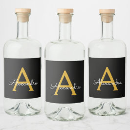 黒の金ゴールドモダンスクリプガーリートのモノグラム名 リキュールボトルラベル