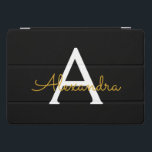 黒の金ゴールドモダンスクリプガーリートのモノグラム名 iPad PROカバー<br><div class="desc">黒と金ゴールドシンプルのスクリプトのモノグラム名ラップトップのケース。これは、最高の甘い16歳の誕生日、結婚ブライダルシャワー、記念日、赤ちゃんシャワーまたはバチェロレッテギフトを作る誰かがグラームの豪華さとシックなスタイルを愛する。</div>