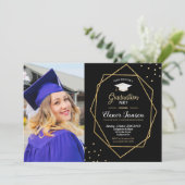 黒の金ゴールドモダン幾何学的卒業パーティーの写真 招待状 (スタンド正面)