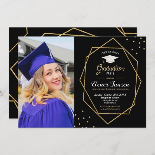 黒の金ゴールドモダン幾何学的卒業パーティーの写真 招待状 (正面/裏面)
