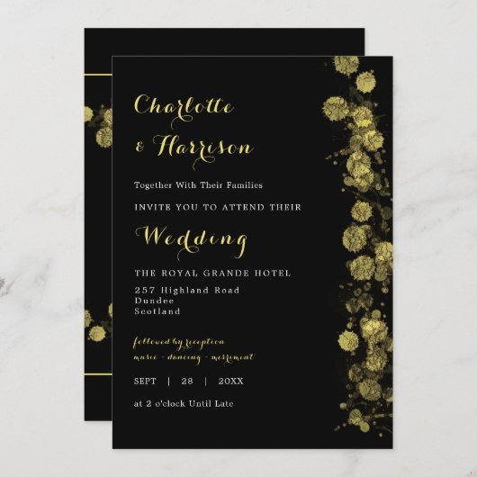 黒の金ゴールドモダン芸術的写真 招待状 (正面/裏面)