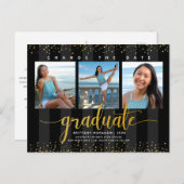 黒の金ゴールド卒業写真の日付の変更モダン インビテーションポストカード (正面/裏面)