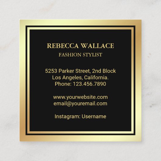 黒の金ゴールド服掛けファッションスタイリスト スクエア名刺 (裏面)