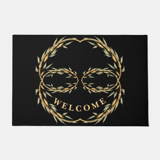 黒の金ゴールド葉の書式 ドアマット (正面)