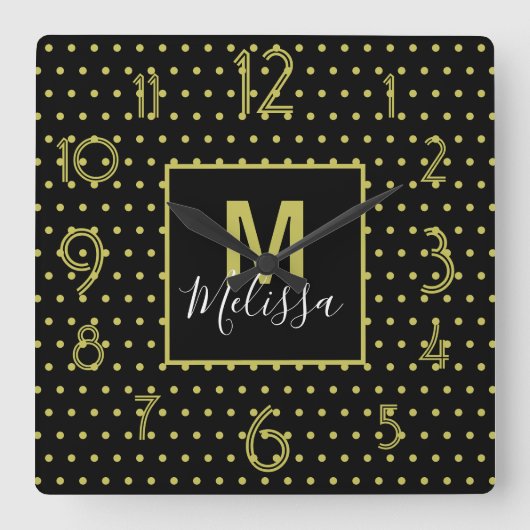 黒の金モダン色の円の文様モノグラム スクエア壁時計 (正面)