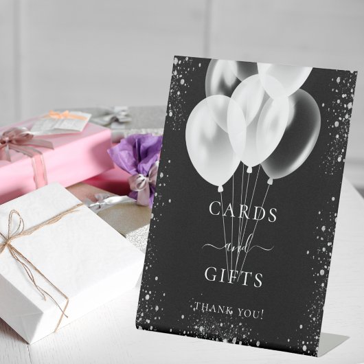黒の銀のグリッター風船 ギフト カード ゲスト 台座サイン