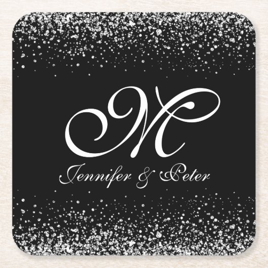黒の銀製のグリッター スクエアペーパーコースター (正面)