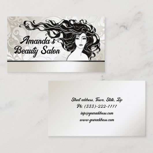 黒の長いカーリーヘアウィメンズ美しいサロンカード 名刺 (正面/裏面)
