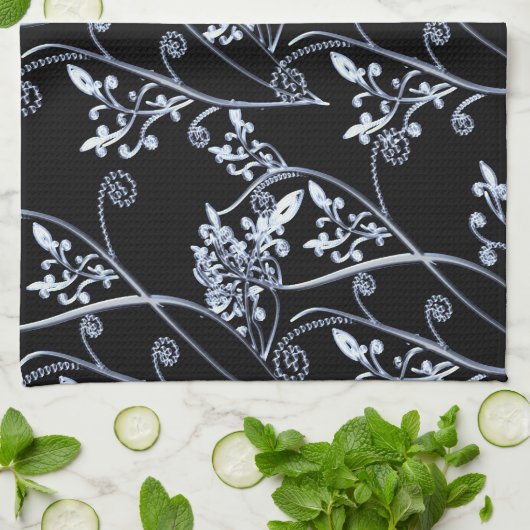 黒の青い銀製の花のつる植物 キッチンタオル (折り畳み)
