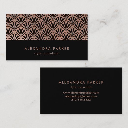 黒の魅力的なアールデコパターン|のどのばら色の金ゴールド 名刺 (正面/裏面)