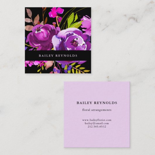 黒の鮮やかな紫色の水彩画の花 スクエア名刺 (正面/裏面)