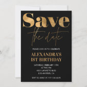 黒の1歳の誕生日招待状　ゴールド　日程を保存してください 招待状 (正面)