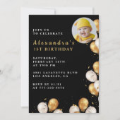 黒の1歳誕生日招待状 金の風船 フォト 招待状 (正面)