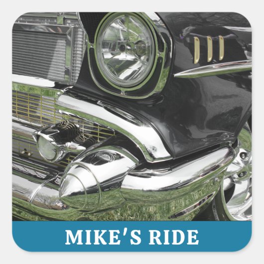 黒の1957年シボレー カー、名前/メッセージ、あなたの写真/アート スクエアシール (正面)