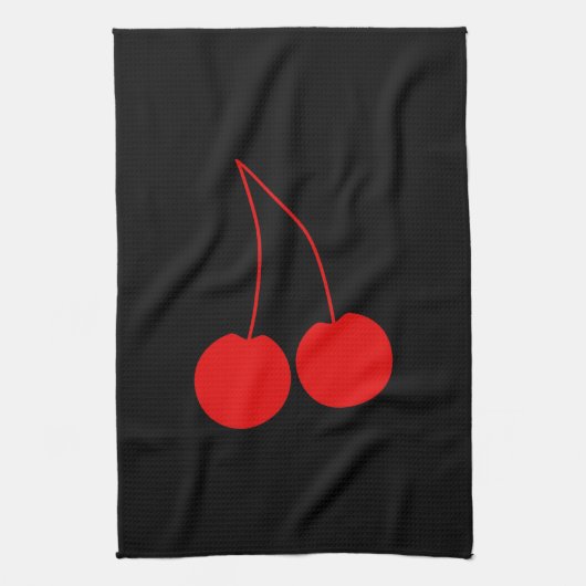 黒の2つの赤いさくらんぼ キッチンタオル (縦)