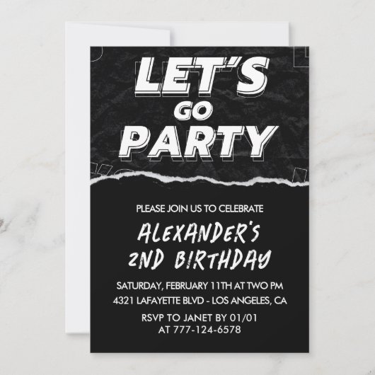黒の2番目の誕生日招待状ボーイホワイト 招待状 (正面)