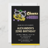 黒の22歳の誕生日招待状 乾杯 ビール 招待状 (正面)