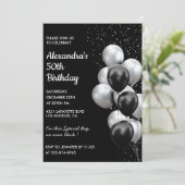 黒の50歳の誕生日招待状 風船 シルバー 招待状 (スタンド正面)