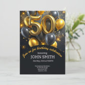 黒の50歳の誕生日 金色の風船がきらきらと輝く 招待状 (スタンド正面)