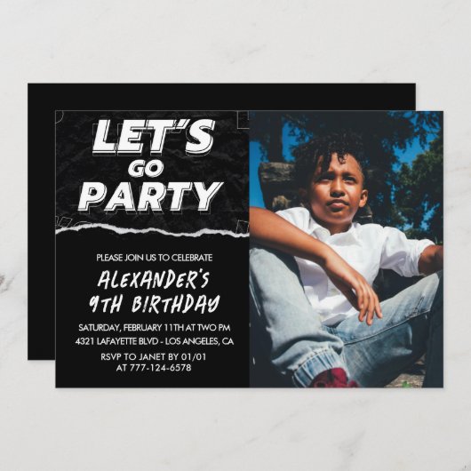 黒の9歳の誕生日招待状 男の子の写真 招待状 (正面/裏面)
