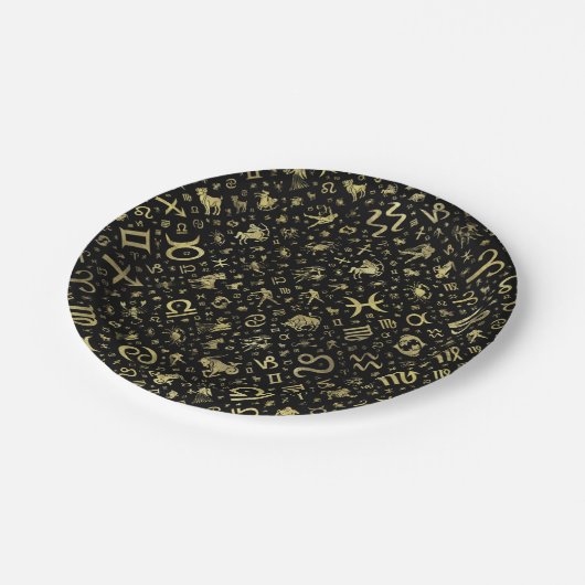 黒の(占星術の)十二宮図の記号およびグリフの金ゴールド ペーパープレート (アングル)