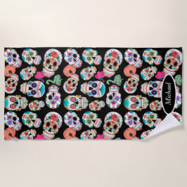 黒のBohoの砂糖のスカル ビーチタオル