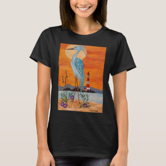 黒のTシャツに可愛いアオサギ!!!海岸で。 Tシャツ