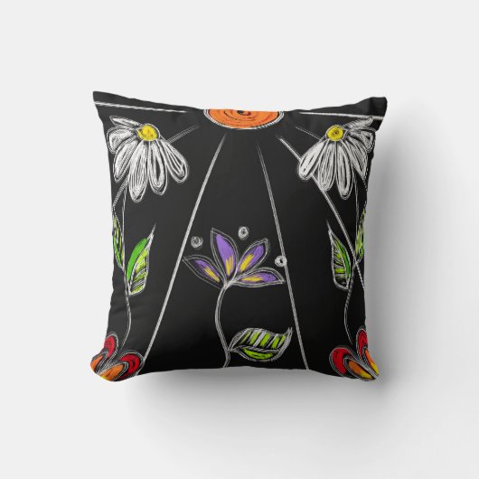 黒はっきりしたと白のデイジーと太陽 クッション (正面)
