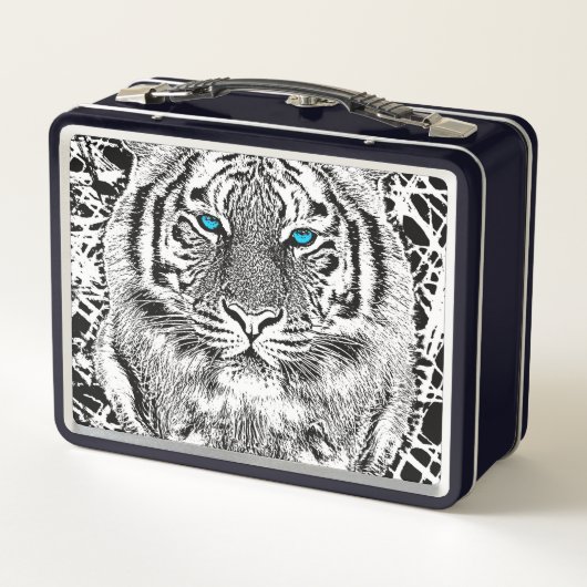 黒はっきりしたと白のブルーアイタイガー メタルランチボックス (裏面)