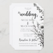 黒はっきりしたと白のワイルドフラワー 招待状 (正面/裏面)