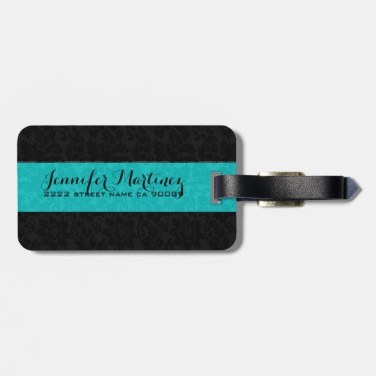黒はっきりしたエレガント&ターコイズフローラダマスク2 ラゲッジタグ (裏面横)