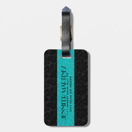 黒はっきりしたエレガント&ターコイズフローラダマスク3 ラゲッジタグ (裏面縦)