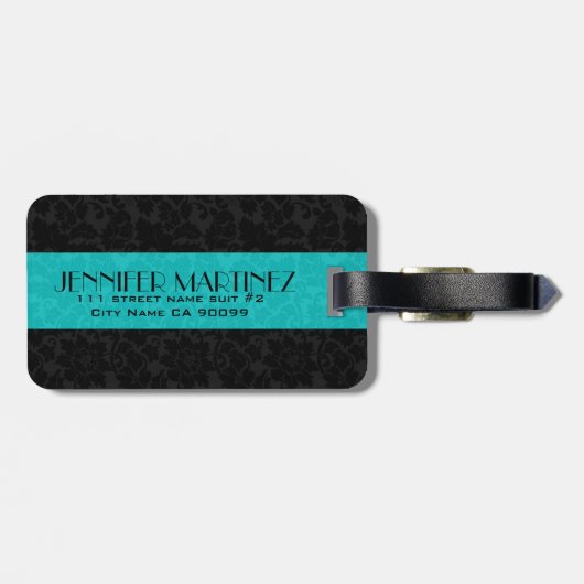 黒はっきりしたエレガント&ターコイズフローラダマスク3 ラゲッジタグ (裏面横)