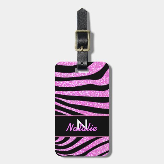 黒はっきりしたゼブラストライプ名ティール（緑がかった色）グリッター ラゲッジタグ (正面縦)