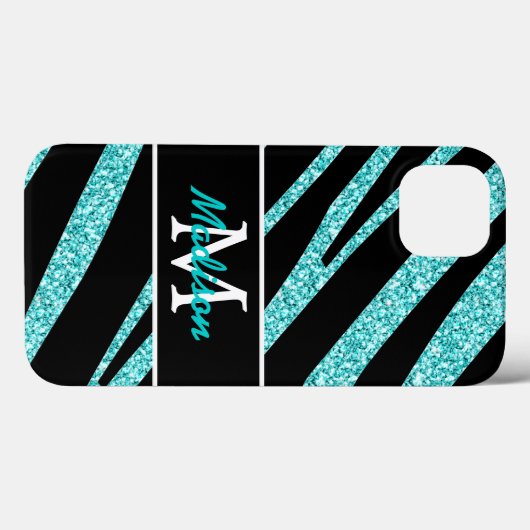 黒はっきりしたゼブラストライプ名ティール(緑がかった色)グリッター Case-Mate iPhoneケース (裏面 (横))