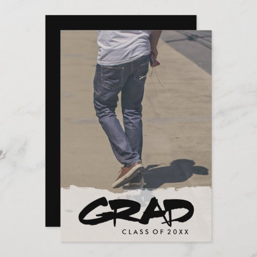 黒はっきりしたモダン文字少年卒業パーティー写真 招待状 (正面/裏面)