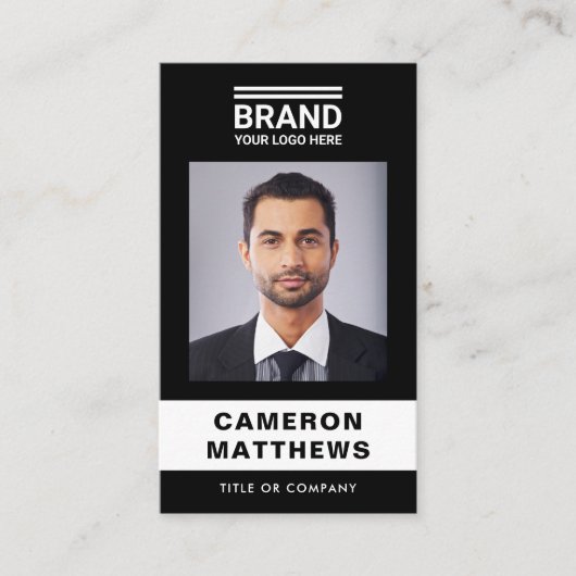 黒はっきりしたモダン白フォトロゴQRコード 名刺 (正面)