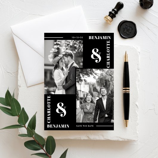 黒はっきりしたモダン2枚の写真日付カードを保存 セーブザデート