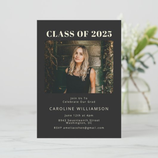 黒はっきりした二モダン写真卒業パーティーInvi 招待状 (スタンド正面)