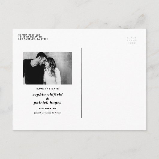 黒はっきりした斜体タイポグラフィ写真の保存日付 案内ポストカード (裏面)