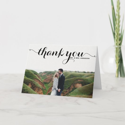 黒はっきりした書モダン写結婚の サンキューカード (正面)