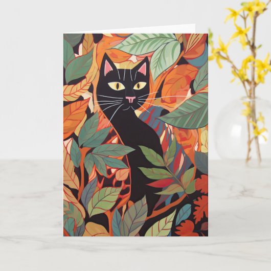 黒はっきりした猫絵画の カード (黄色い花)