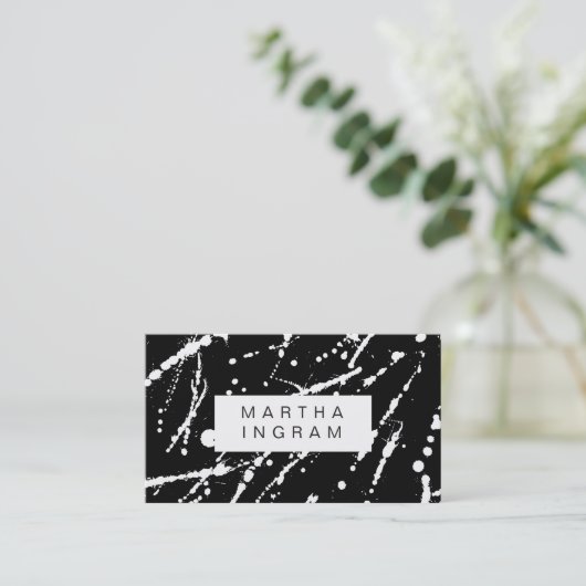 黒はっきりした白抽象芸術（ばちゃばちゃ）跳ねるデザイン 名刺 (スタンド正面)