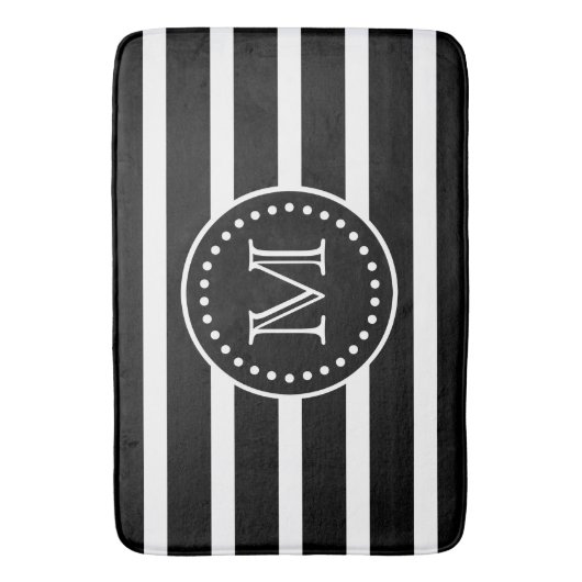 黒はっきりした白水玉模様モノグラストライプム バスマット (正面縦)