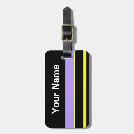 黒はっきりした紫の荷物ストライプタグ ラゲッジタグ (正面縦)