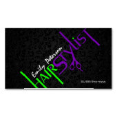 黒はっきりした緑と紫の美容師文字2 マグネット名刺 (正面)