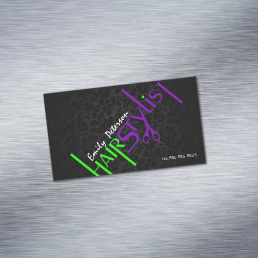 黒はっきりした緑と紫の美容師文字2 マグネット名刺 (インサイチュ)