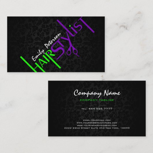 黒はっきりした緑と紫の美容師文字2a B 名刺 (正面/裏面)