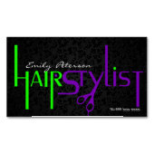 黒はっきりした緑と紫の美容師文字 マグネット名刺 (正面)